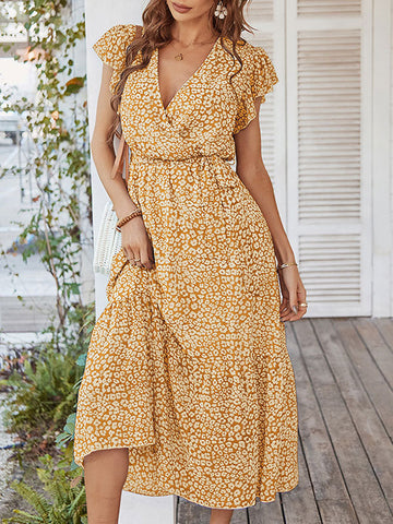 Woochic robe longue imprimé à fleurie à volantée fluide ceinture v-cou décontracté plage Jaune S